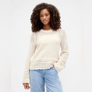 GAP Pointelle Cotton Sweater Organic White Scalloped Hem XS Spring Summer